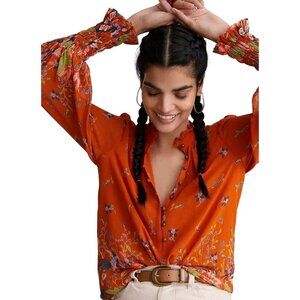 Anthropologie Floral Chiffon Blouse Ruffled Neckline Metal Buttons Size XXS